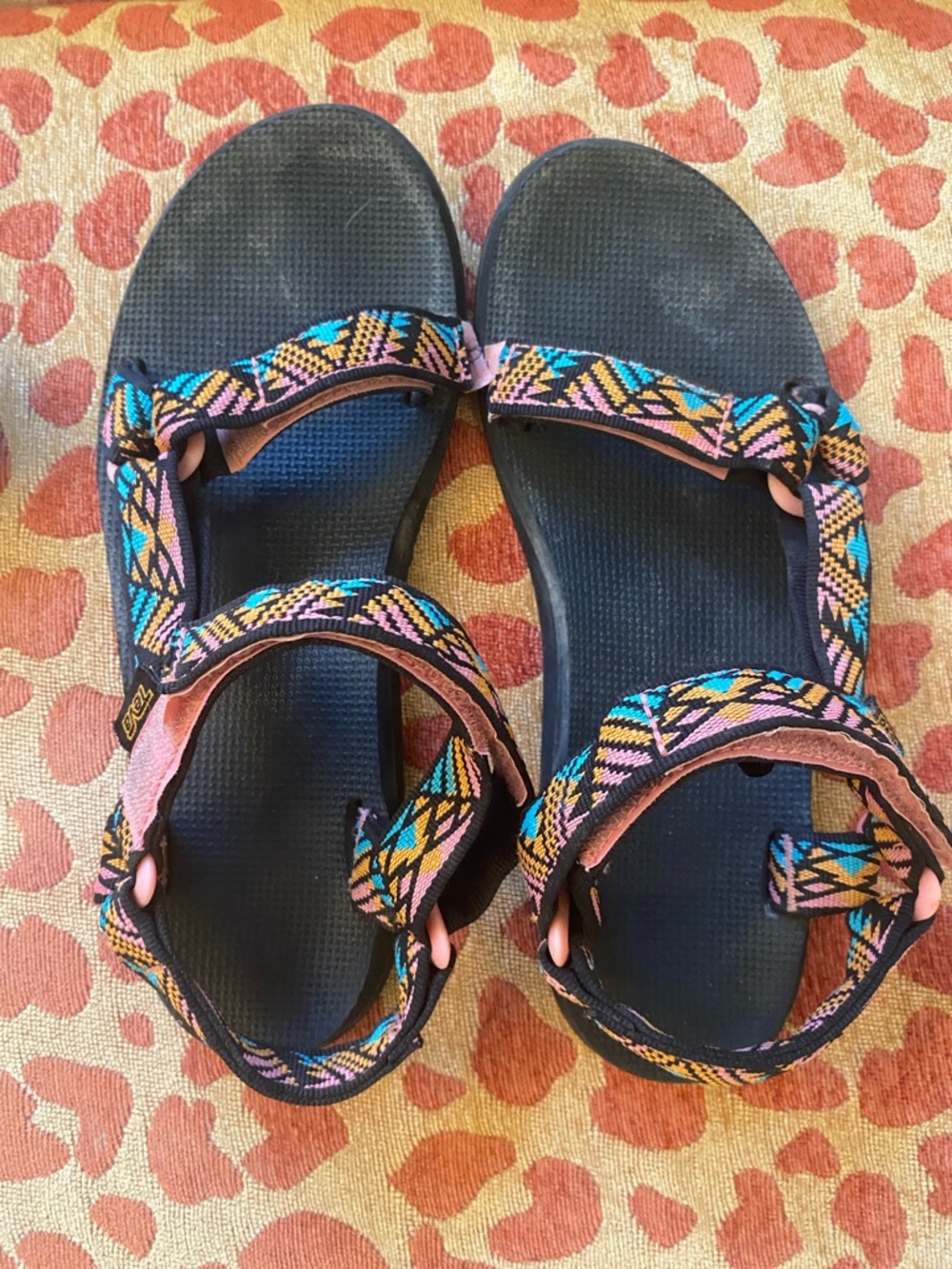 Teva Women's Black Sandals with Pink and Turquoise Patterned Straps
